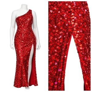 Mac Duggal Couture Red Sequin Cassandra Stone Floor Length Gown With High Slit 4